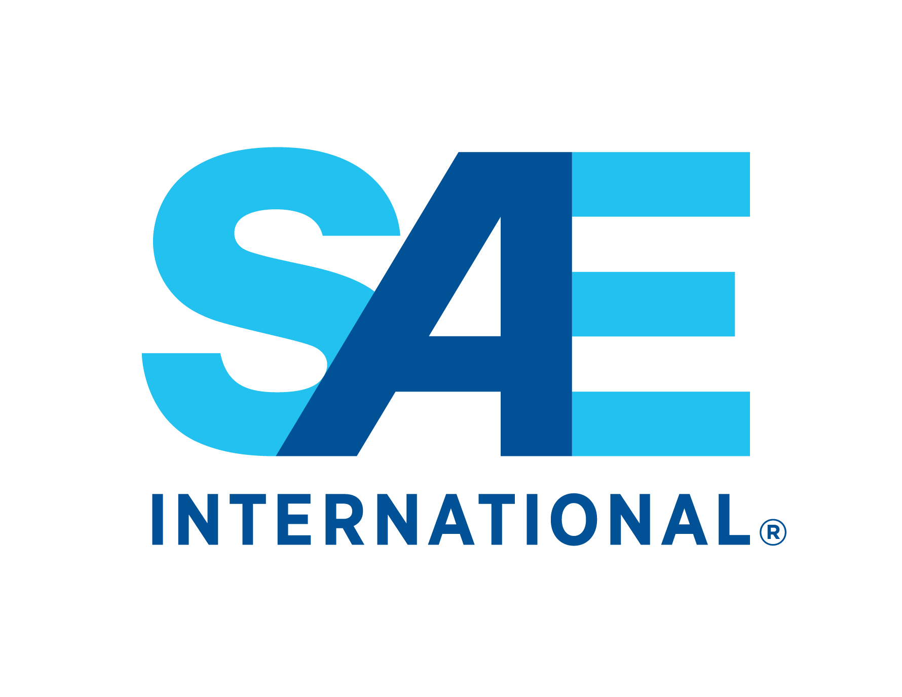 Logotipo da SAE International em azul e texto azul claro sobre fundo branco.