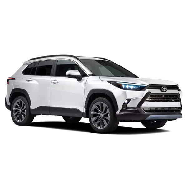 SUV branca com teto escuro e rodas de liga leve, vista lateral frontal sobre um fundo branco liso.