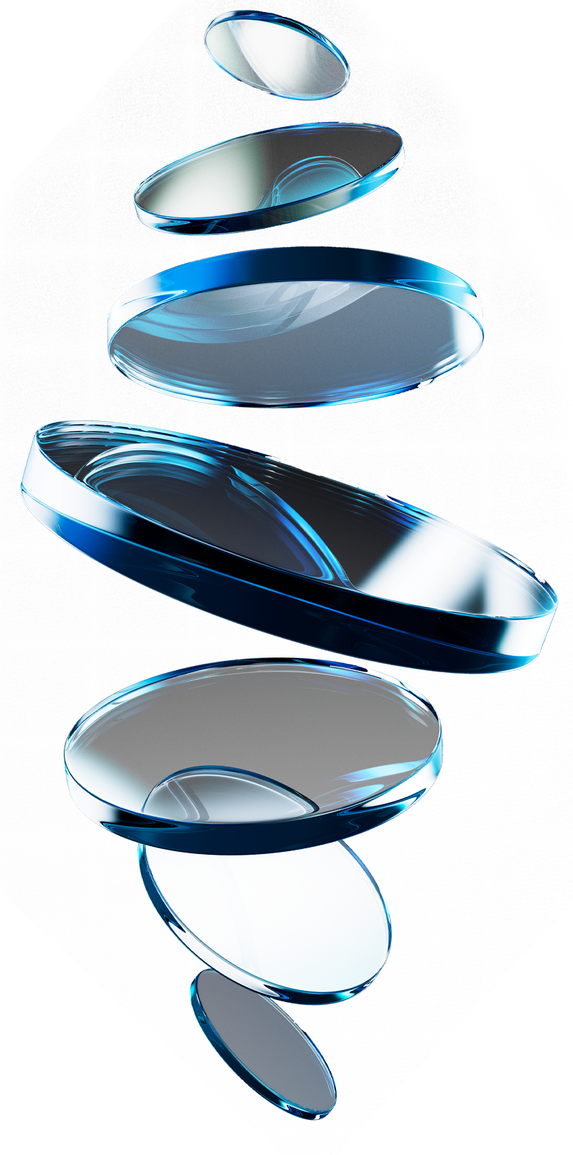 Discos giratórios abstratos em 3D nas cores azul e prata, empilhados verticalmente sobre um fundo branco.