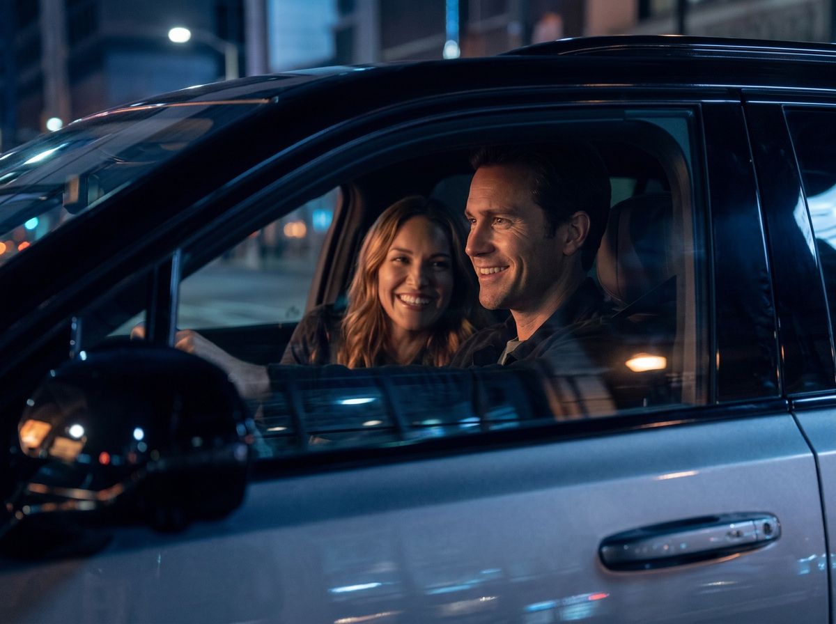 Duas pessoas sorrindo dentro de um carro azul à noite, vistas através da janela lateral aberta.
