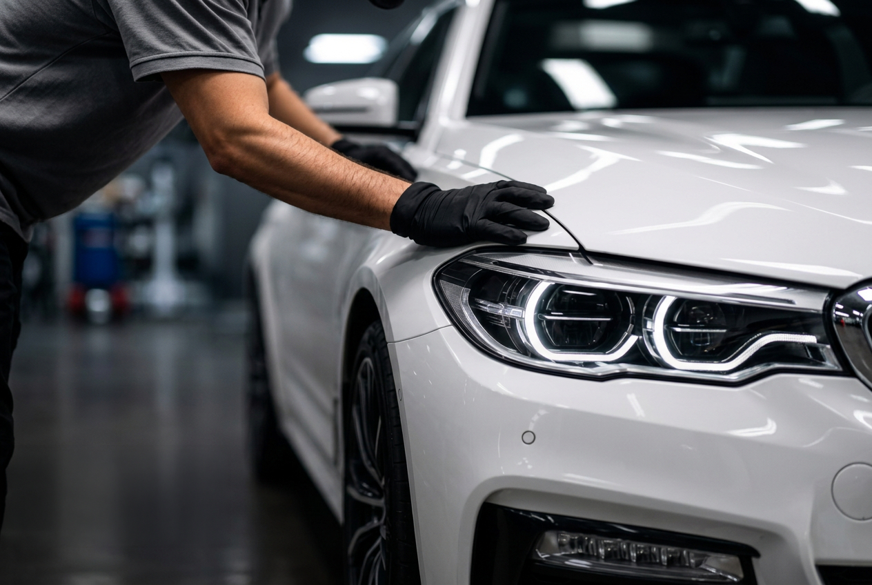 Mecânico limpando o capô de um carro de luxo branco em uma garagem.