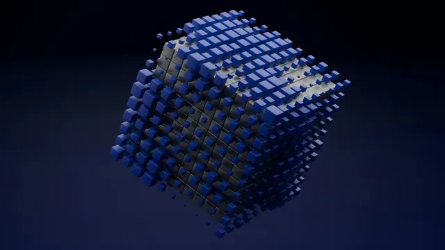 Cubo 3D azul feito de muitos pequenos blocos sobre um fundo escuro.