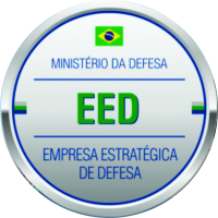 Selo circular do Ministério da Defesa do Brasil com “EED” e “Empresa Estratégica de Defesa” em azul e verde
