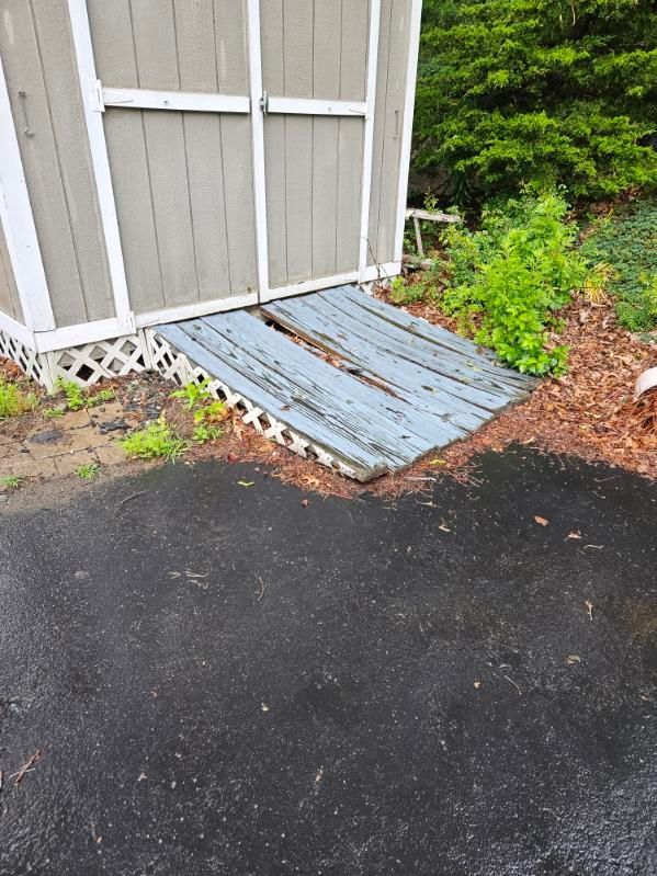 Dilapidated gray wooden ramp leading to a shed. Cracked planks, overgrown weeds, asphalt below.