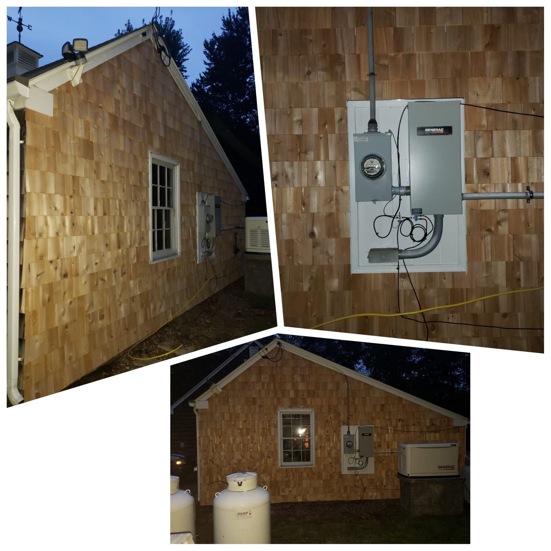 Three photos of a house with cedar shake siding. One shows electrical equipment, another a window.