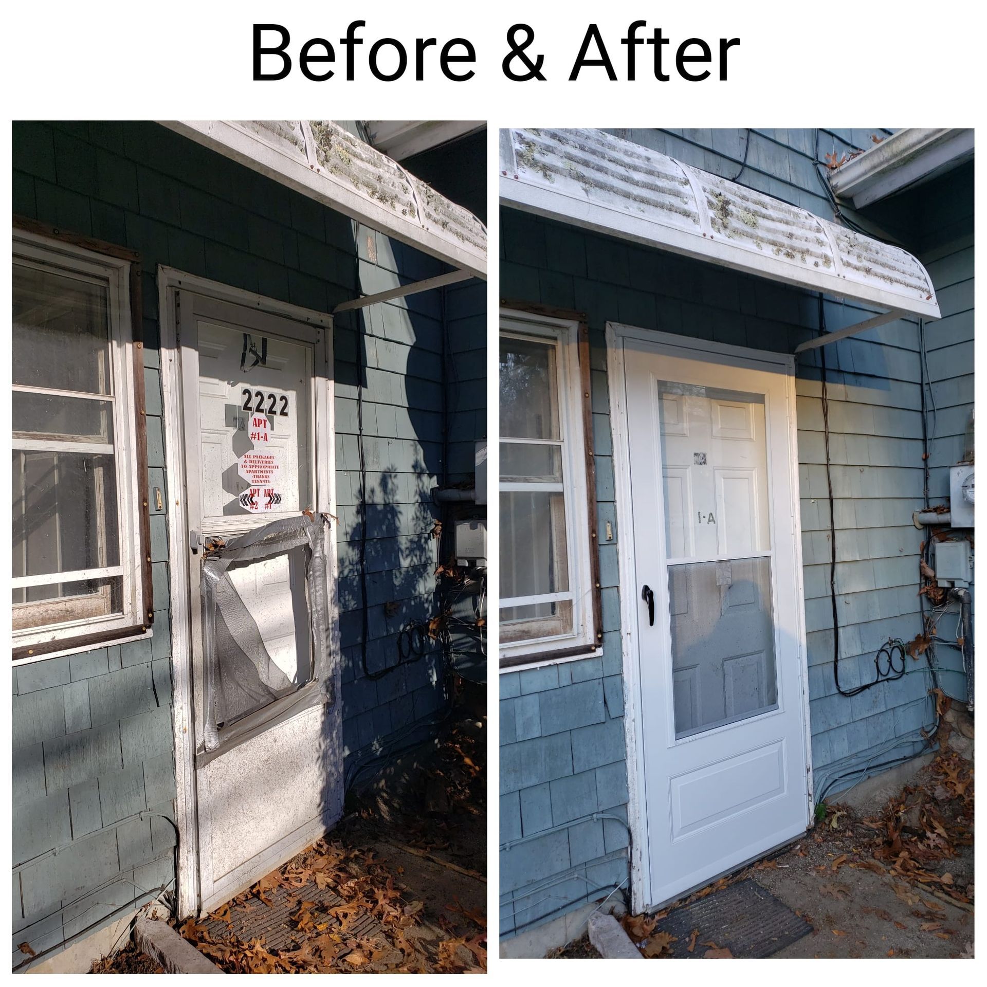 Before and after view of a white door replacement.