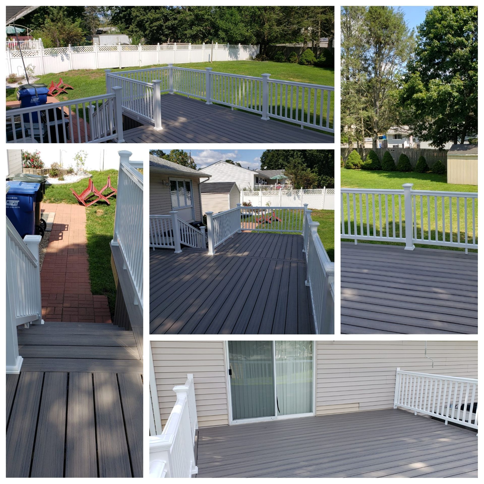 Composite of a gray deck with white railings and fenced backyard.