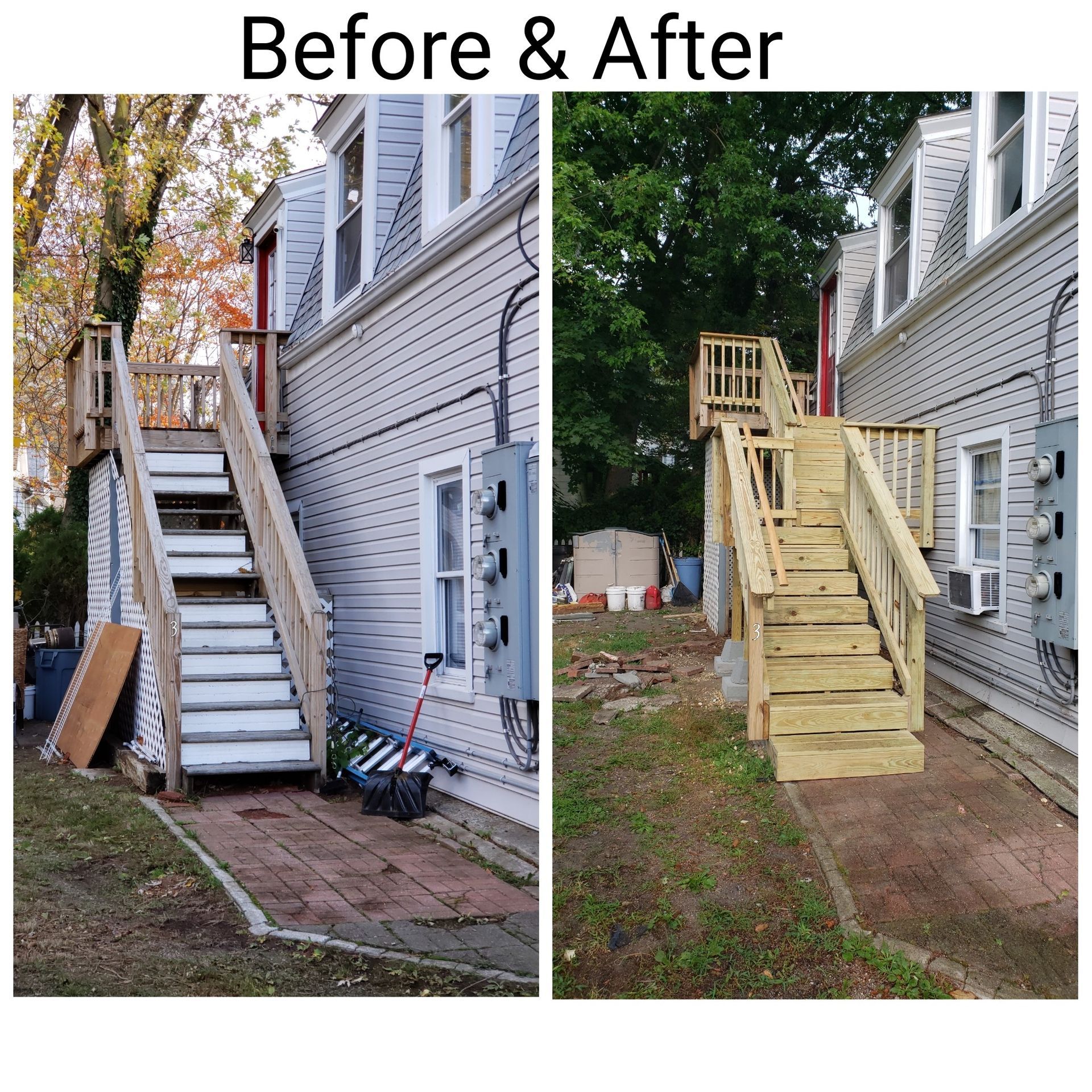 Before-and-after of a two-story building's wooden staircase; old one in disrepair, new one freshly constructed.