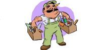 Cartoon of a man in overalls holding two toolboxes. He has a pencil behind his ear.