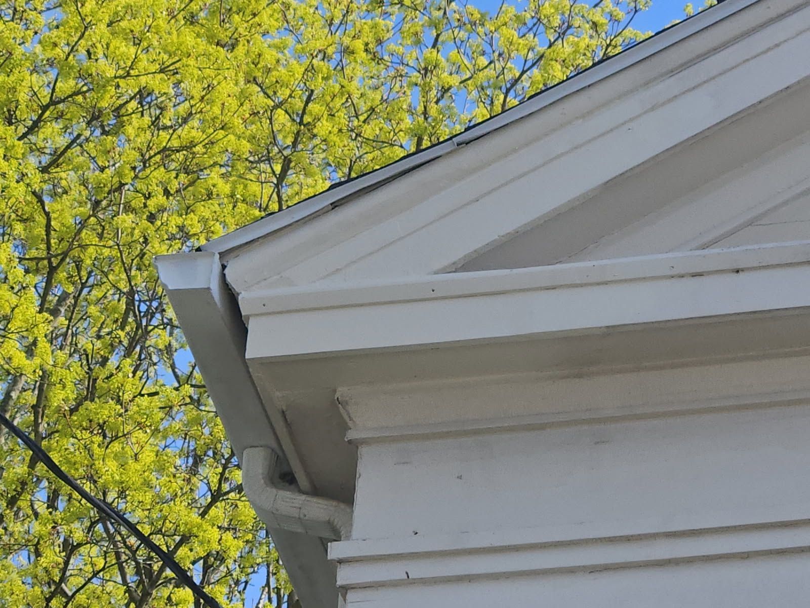 White house corner with gutter, green tree background, and a bright sky.