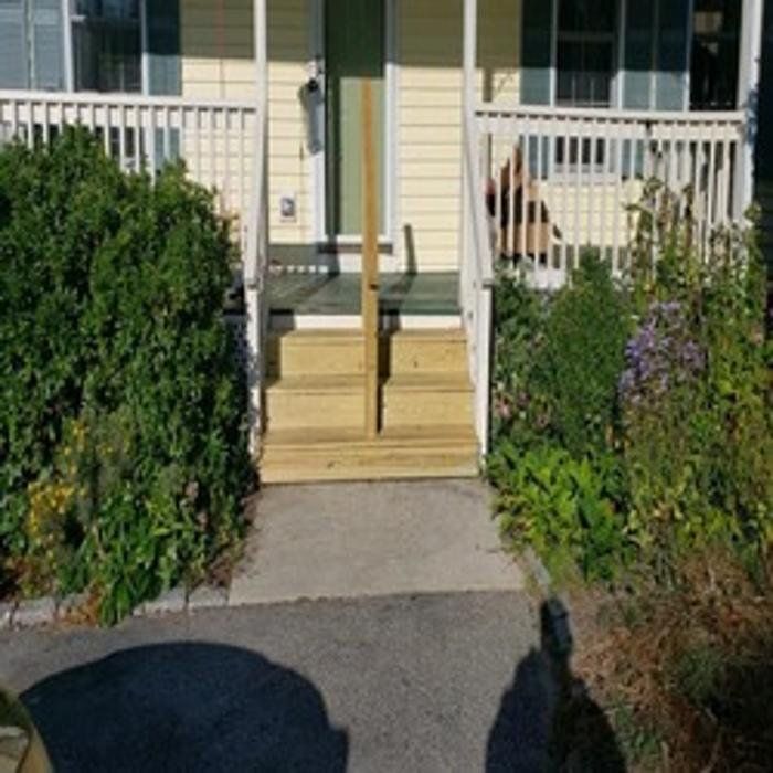 Entrance to a house: steps leading to a porch with handrails. Green shrubs flank the path.