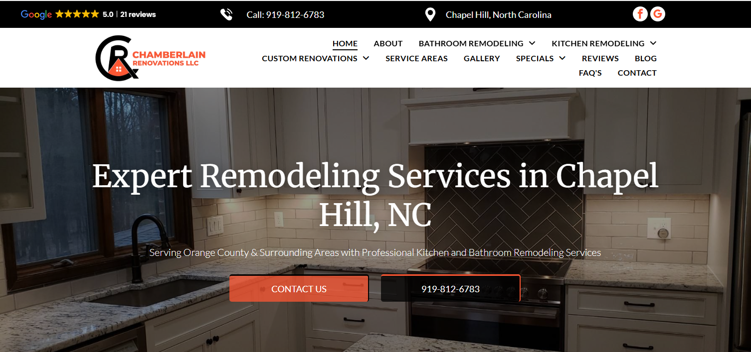 Website homepage for remodeling services with kitchen background and “Expert Remodeling Services in Chapel Hill, NC” headline