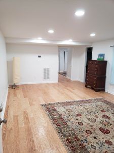 Empty living room with hardwood floors, recessed lights, a patterned rug, and a dark wooden dresser.