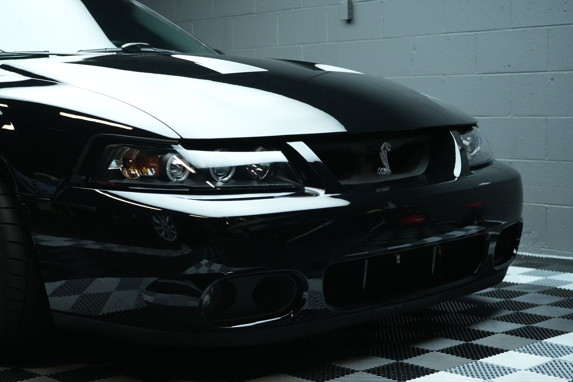 A black mustang is parked on a checkered floor
