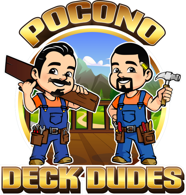 A logo for pocono deck dudes with two men holding tools