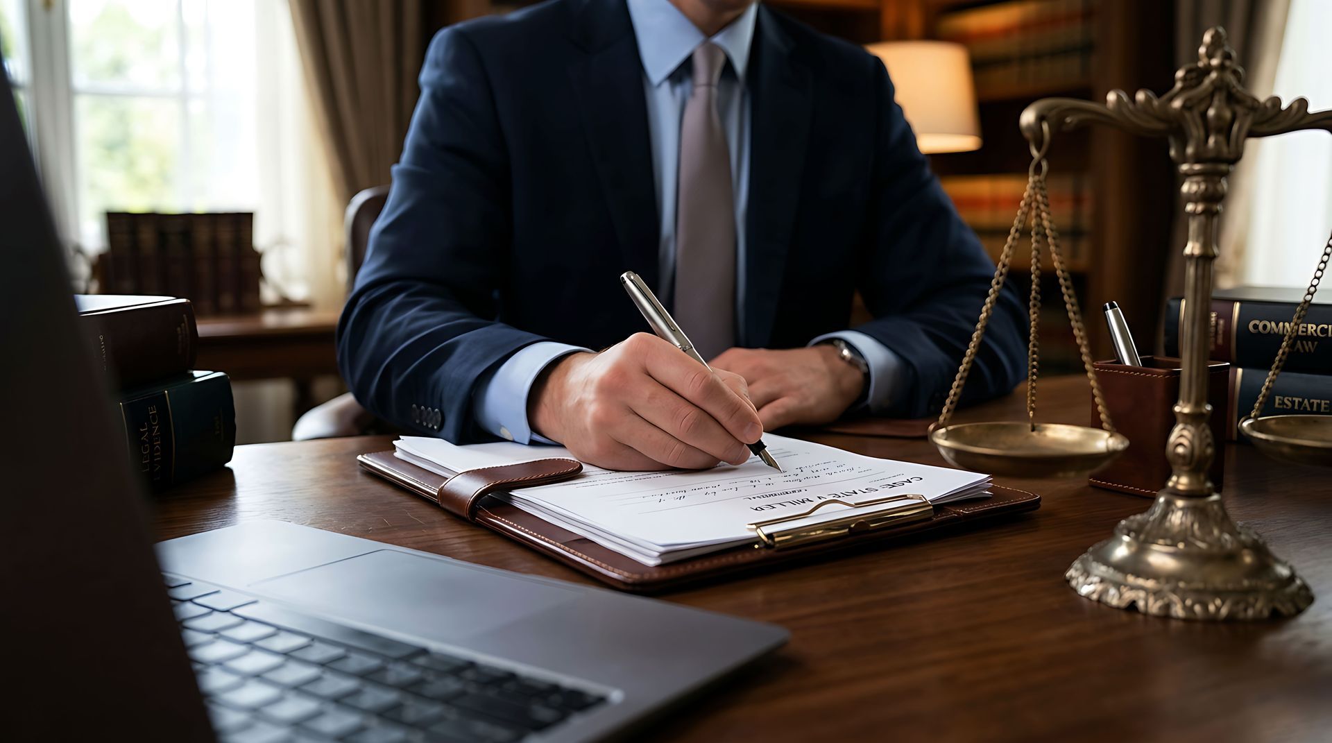 Business lawyer reviewing a contract with a client at a desk
