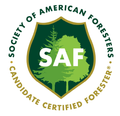 a green and white logo for saf certified forester