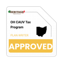 Ohio CAUV Tax Program plan writer approved badge with a black Ohio silhouette and yellow “APPROVED” banner