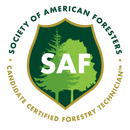 a green and white logo for saf certified forester
