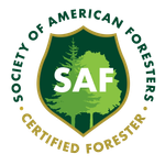 a green and white logo for saf certified forester