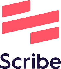 Pink and white Scribe logo: stylized, angled 