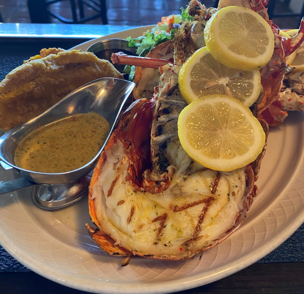 Plated seafood dish with grilled fish, lemon slices, and dipping sauce in a restaurant setting