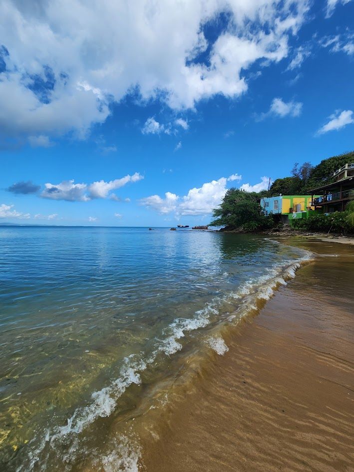 Sandy beach with sea glass scattered along the shore; ocean waves in the background under a blue sky.