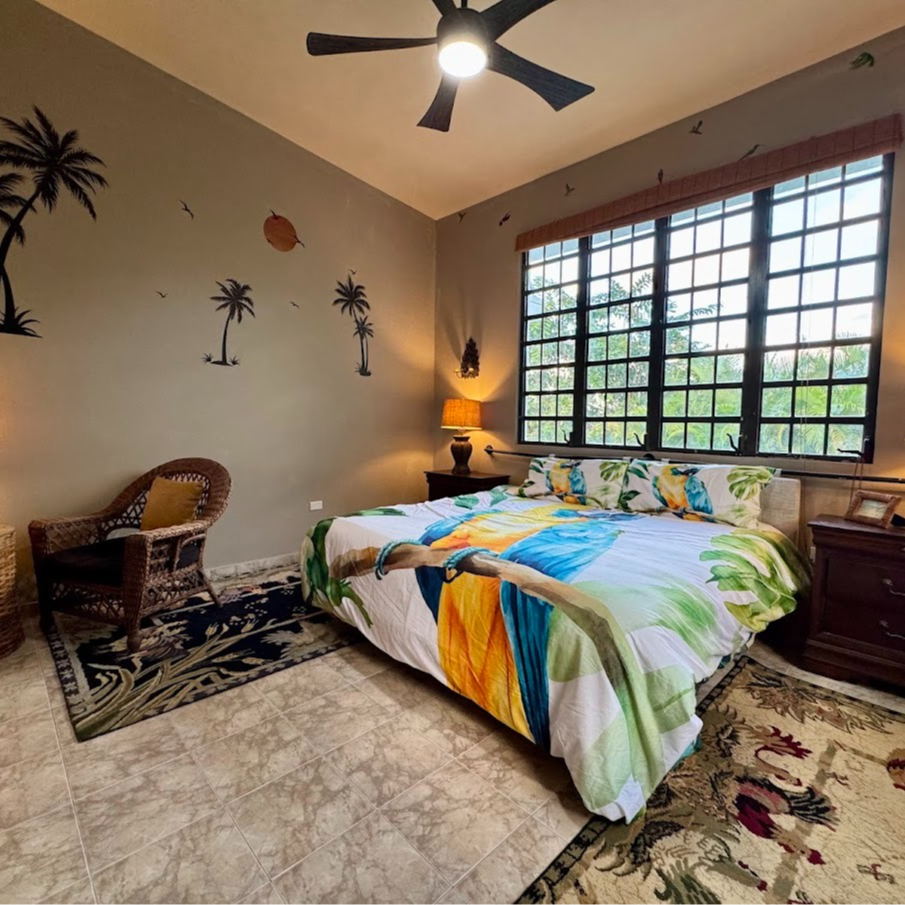 Bedroom with tropical decor: palm tree decals, bed with colorful linens, wicker chair, large window.