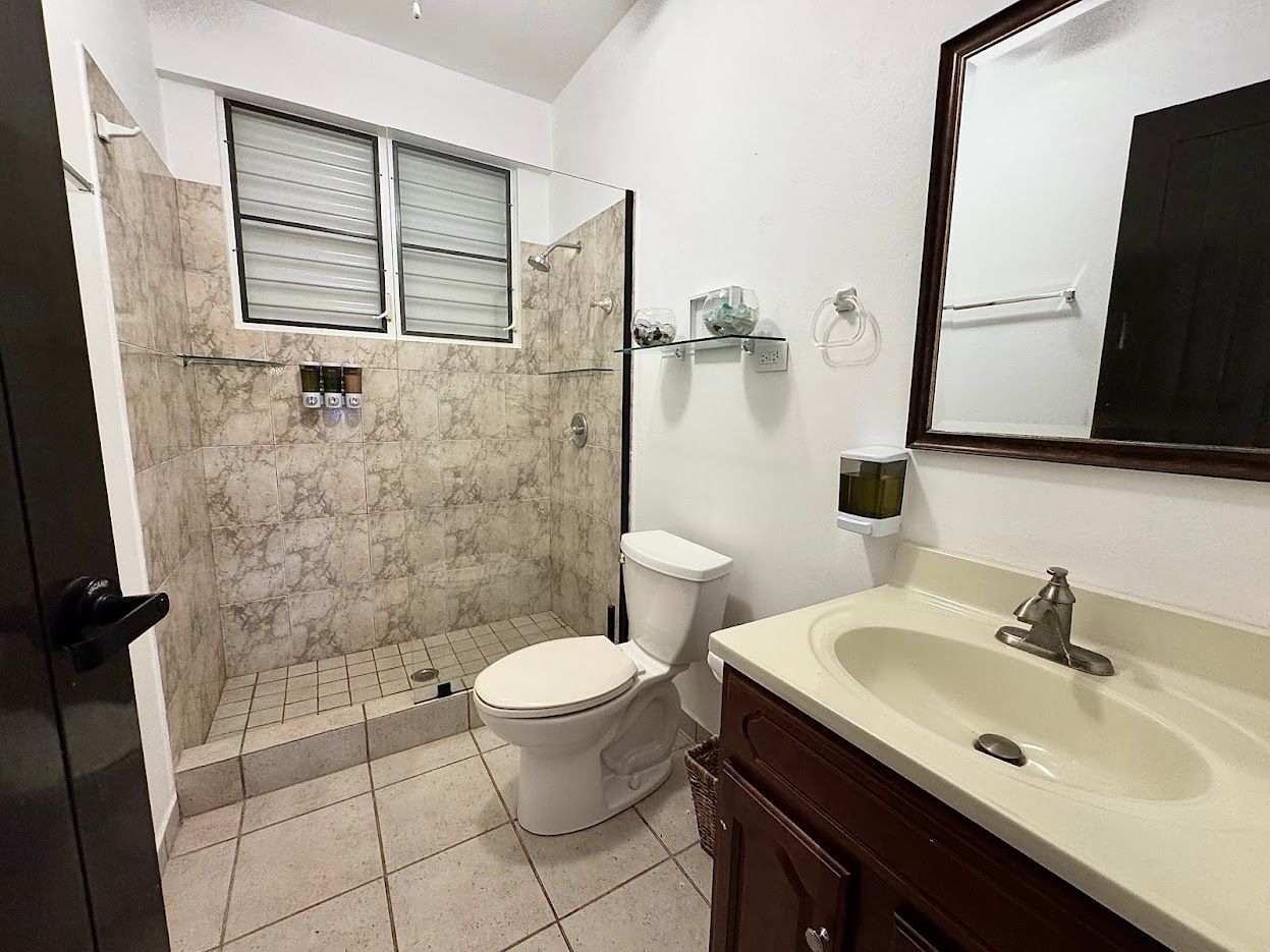 Bathroom with tiled shower, toilet, sink, and mirror. White and brown color scheme.