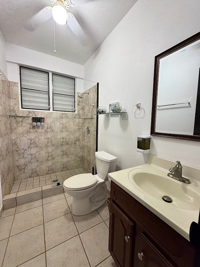 Bathroom with beige tiled shower, toilet, dark wood vanity, and a mirror.