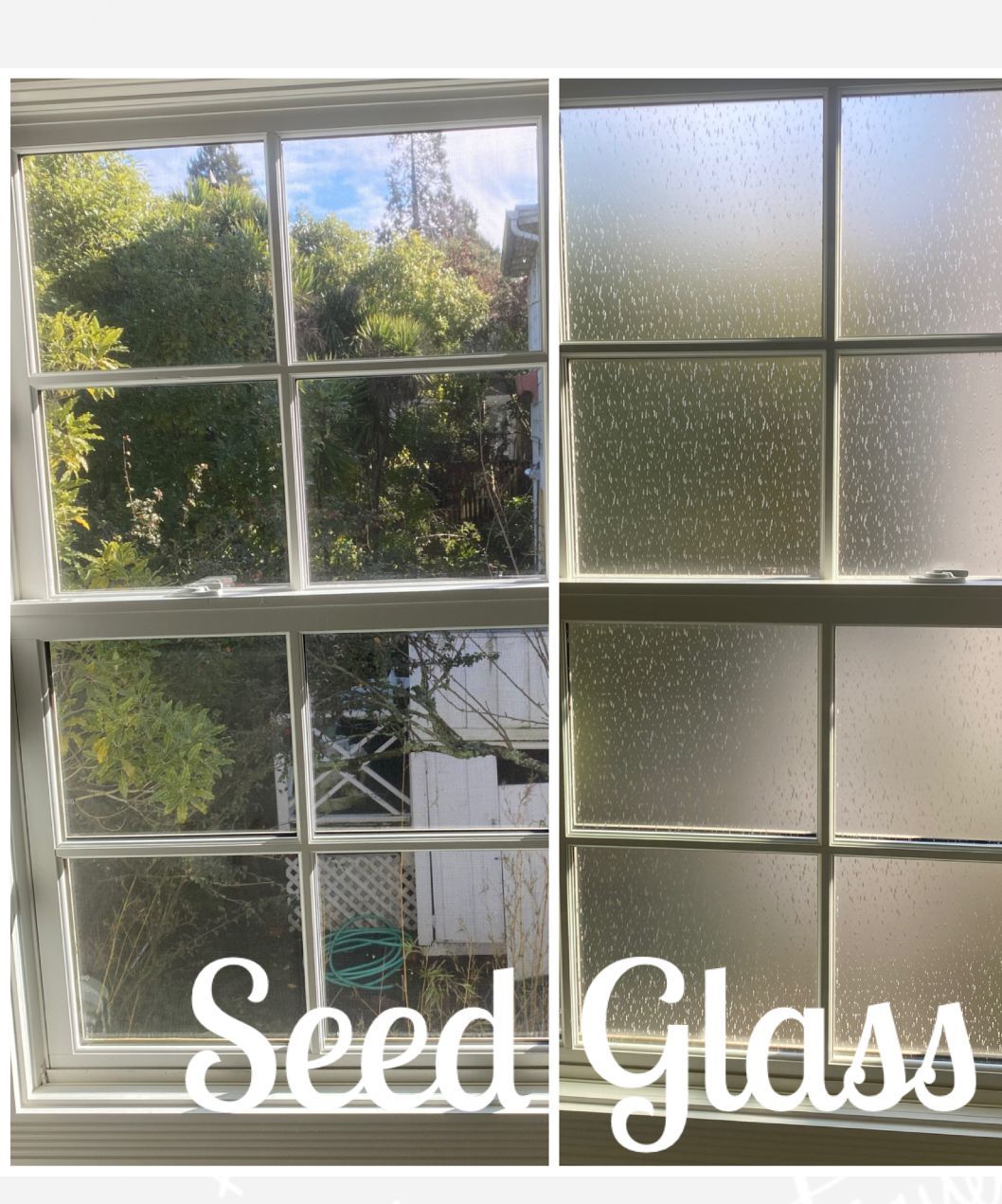 A side-by-side comparison of a clear window looking out at trees and a window with seeded, textured glass. A side-by-side comparison of a clear window looking out at trees and a window with seeded, textured glass.