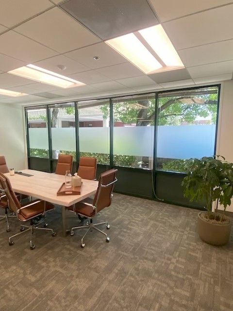 Conference room with glass walls, wooden table, office chairs, and a potted plant.