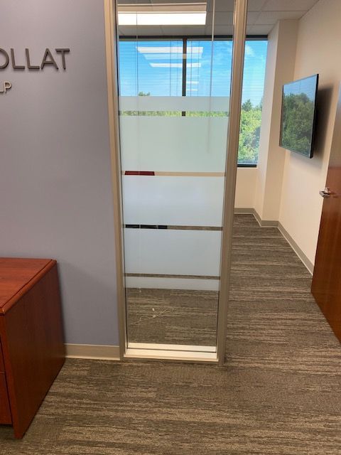 Office hallway with frosted glass door, wood floor, and wall-mounted TV.