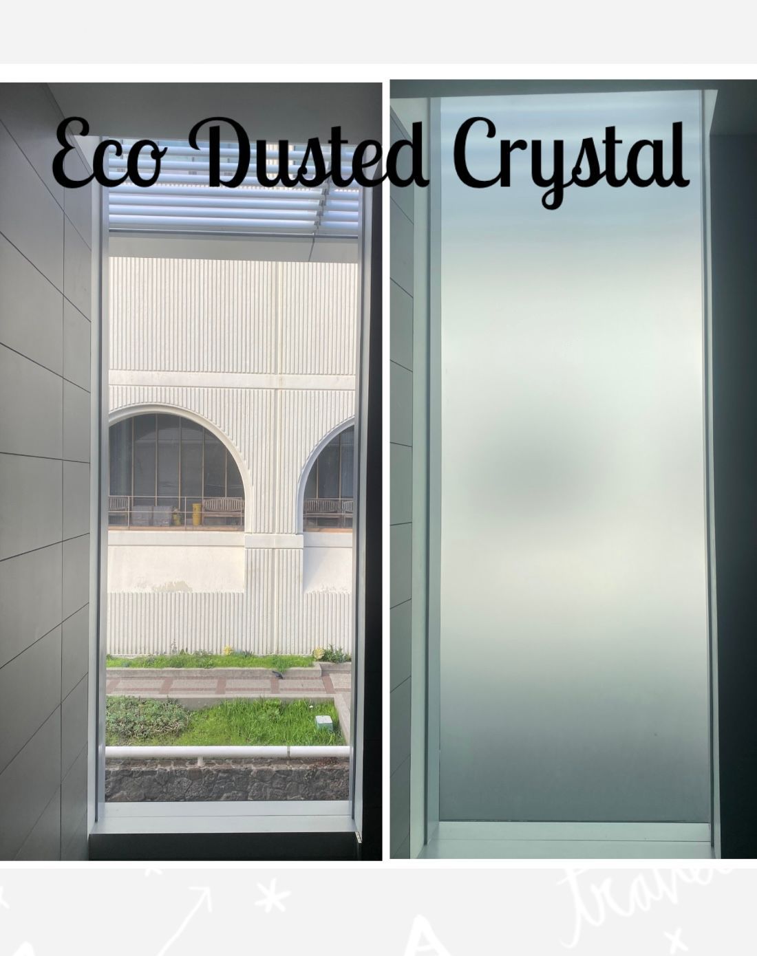 A split-screen comparison of a window showing a clear view on the left and frosted glass on the right, labeled Eco Dusted. A split-screen comparison of a window showing a clear view on the left and frosted glass on the right, labeled Eco Dusted.