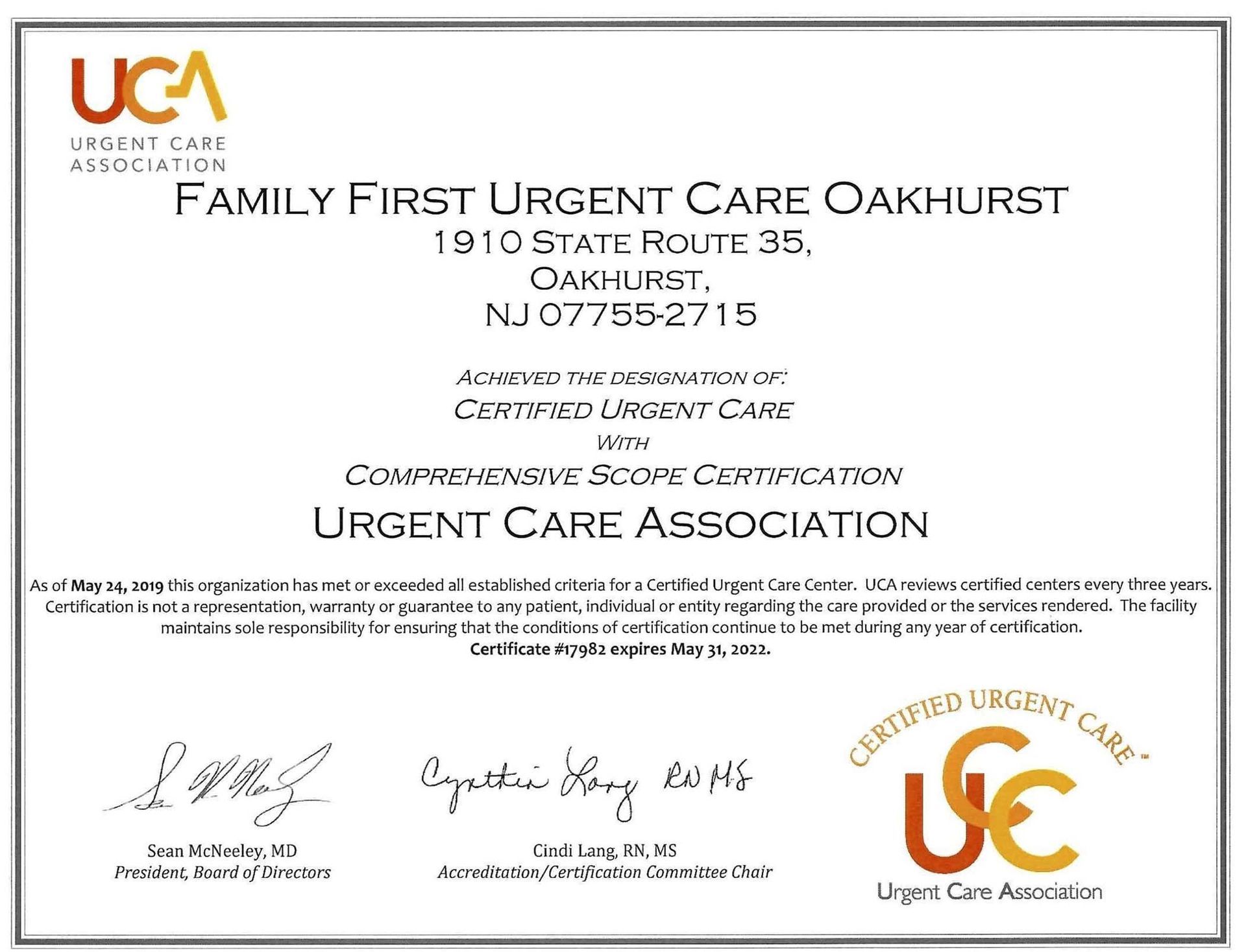 Certificate from Family First Urgent Care Oakhurst and Urgent Care Association with logos and signatures