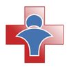 Red and pink cross with a blue person silhouette in the center.
