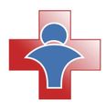 Red and pink cross with a blue person silhouette in the center.