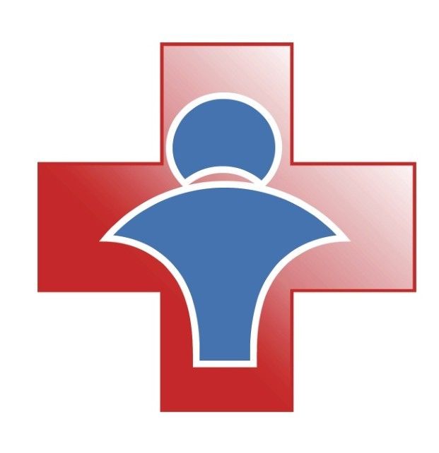 Red and pink cross with a blue person silhouette in the center.
