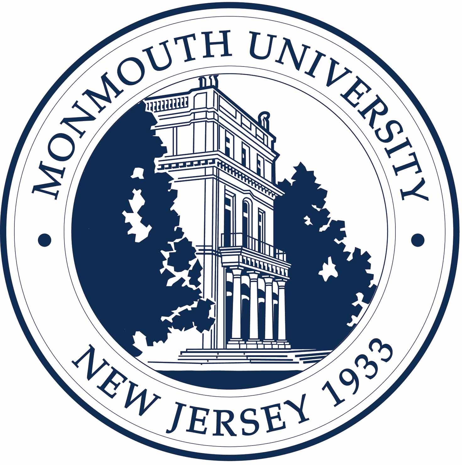 Monmouth University seal with building illustration, navy and white, with text 