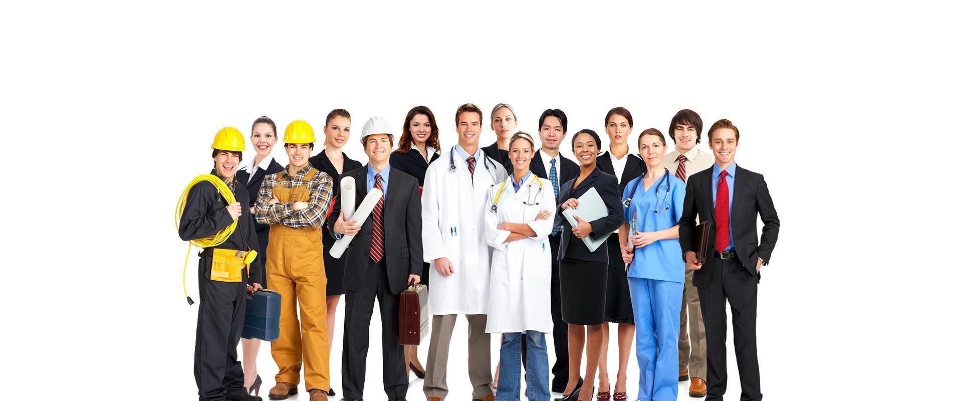Group of diverse professionals, including construction workers, doctors, and businesspeople, stand together.
