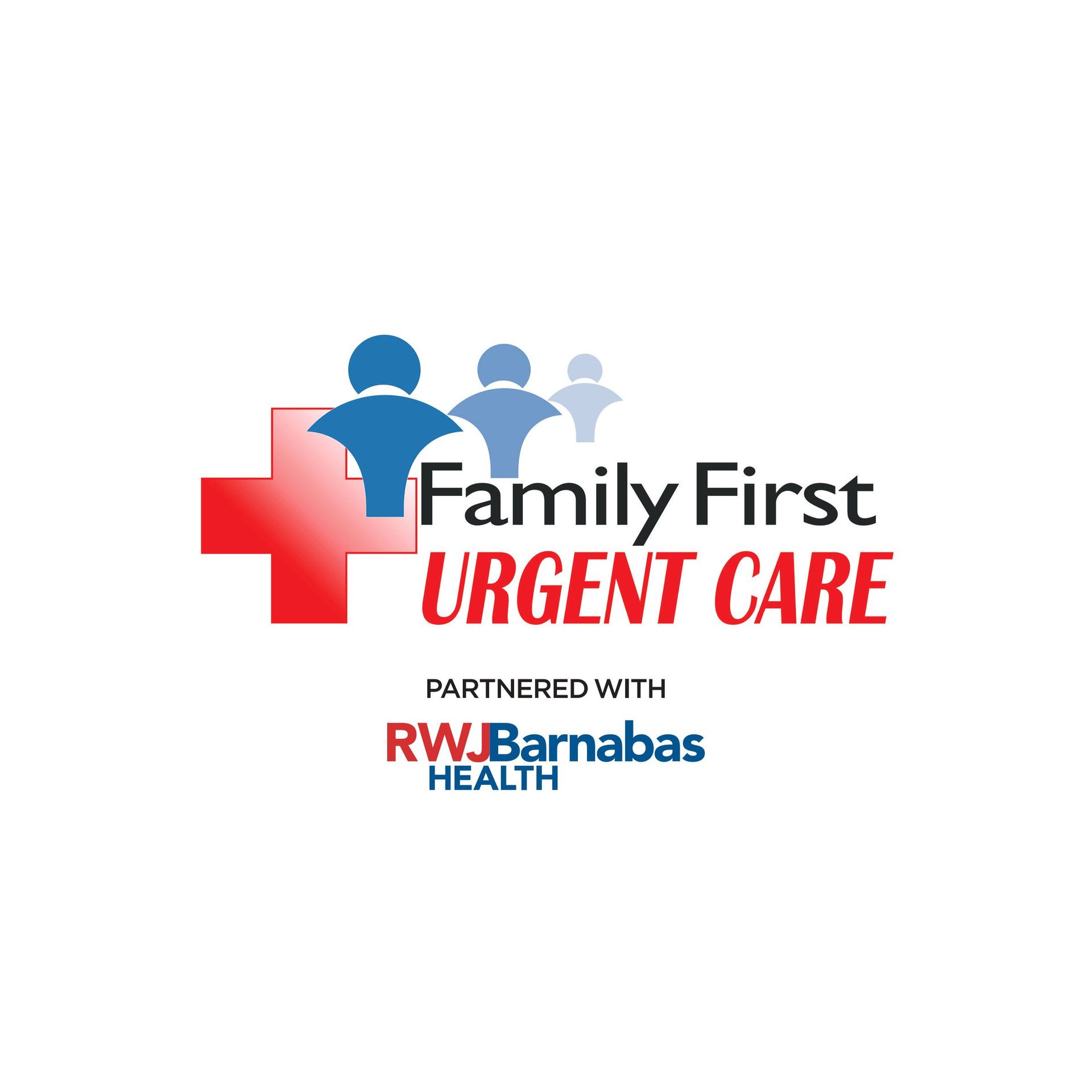 Family First Urgent Care logo with red cross and blue figures, partnered with RWJBarnabas Health