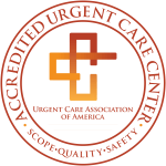 Accredited Urgent Care Center logo with a cross symbol and text: Urgent Care Association of America.