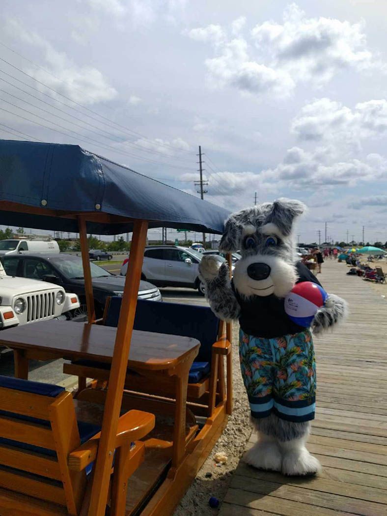 Dog mascot holding beach ball near a beachside patio.