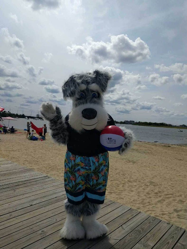 Dog mascot on beach waving, holding a ball. Wearing black shirt, blue patterned shorts, and furry feet.