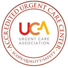 Circular logo: Accredited Urgent Care Center, Urgent Care Association. Red, orange, and yellow letters 
