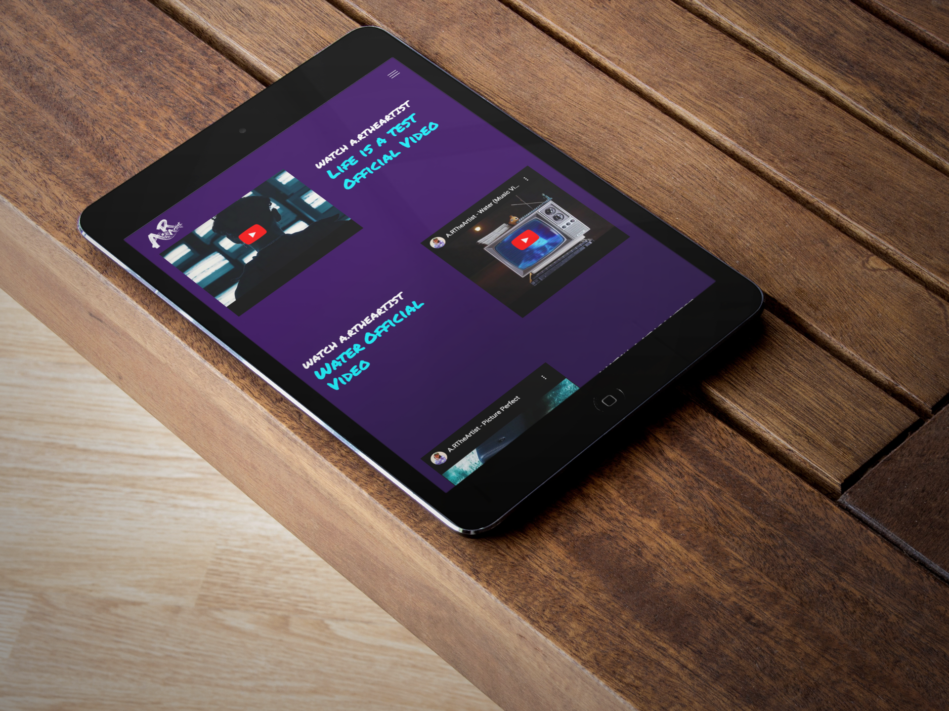 A.R The Artist Website on tablet