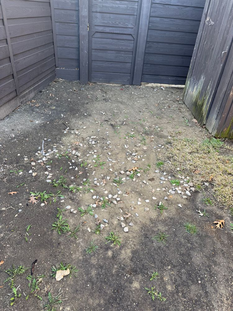 Small muddy backyard corner with gravel, sparse weeds, and dark wooden fence panels