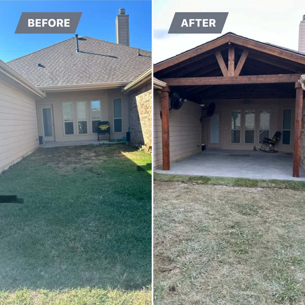 Split view of a backyard patio before and after a wooden roof cover was added over the concrete slab.