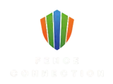 Dence Communications logo with green, orange, blue, and white shield above faint text