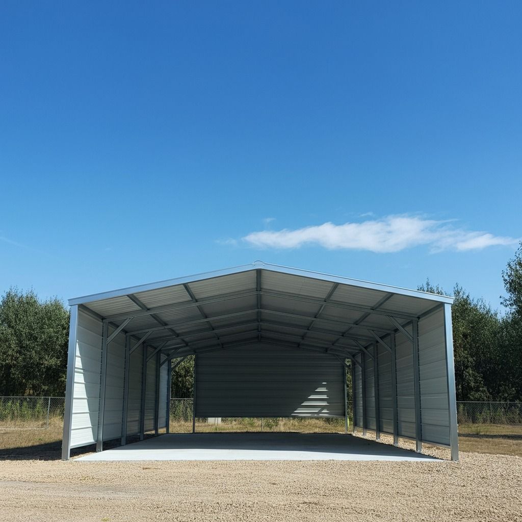 A large metal building with a blue sky in the background